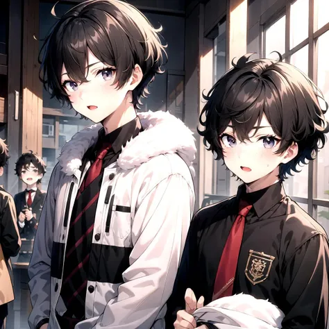 crop top, looking_at_viewer, blush, short_hair, open_mouth, black_hair, male_focus, multiple_boys, 2boys, black_eyes, red_necktie, side_slit, (2 boys:1.3), freckles, (very short hair:1.1), Dark black hair, (fluffy hair:1.1), masterpiece, best quality, anime boy, colorful, messy hair, shaggy hair, short hair, cute, handsome boy, cute boy, curly hair