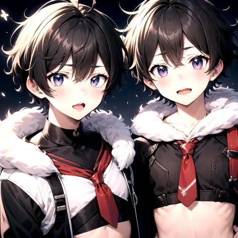 crop top, looking_at_viewer, blush, short_hair, open_mouth, black_hair, male_focus, multiple_boys, 2boys, black_eyes, red_necktie, side_slit, (2 boys:1.3), freckles, (very short hair:1.1), Dark black hair, (fluffy hair:1.1), masterpiece, best quality, anime boy, colorful, messy hair, shaggy hair, short hair, cute, handsome boy, cute boy, curly hair