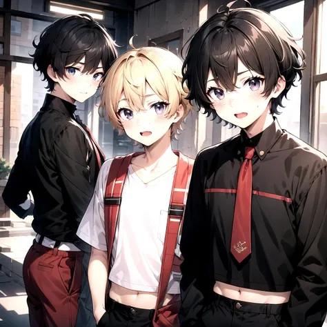 crop top, looking_at_viewer, blush, short_hair, open_mouth, black_hair, male_focus, multiple_boys, 2boys, black_eyes, red_necktie, side_slit, (2 boys:1.3), freckles, (very short hair:1.1), Dark black hair, (fluffy hair:1.1), masterpiece, best quality, anime boy, colorful, messy hair, shaggy hair, short hair, cute, handsome boy, cute boy, curly hair