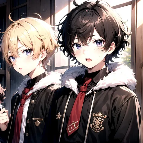 crop top, looking_at_viewer, blush, short_hair, open_mouth, black_hair, male_focus, multiple_boys, 2boys, black_eyes, red_necktie, side_slit, (2 boys:1.3), freckles, (very short hair:1.1), Dark black hair, (fluffy hair:1.1), masterpiece, best quality, anime boy, colorful, messy hair, shaggy hair, short hair, cute, handsome boy, cute boy, curly hair