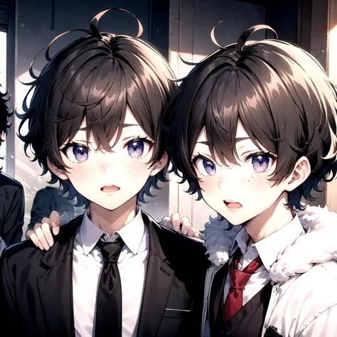crop top, looking_at_viewer, blush, short_hair, open_mouth, black_hair, male_focus, multiple_boys, 2boys, black_eyes, red_necktie, side_slit, (2 boys:1.3), freckles, (very short hair:1.1), Dark black hair, (fluffy hair:1.1), masterpiece, best quality, anime boy, colorful, messy hair, shaggy hair, short hair, cute, handsome boy, cute boy, curly hair