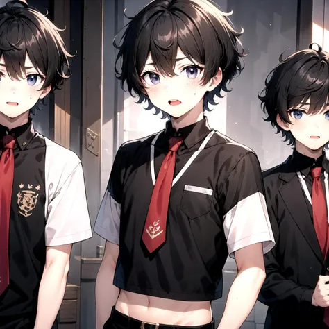 crop top, looking_at_viewer, blush, short_hair, open_mouth, black_hair, male_focus, multiple_boys, 2boys, black_eyes, red_necktie, side_slit, (2 boys:1.3), freckles, (very short hair:1.1), Dark black hair, (fluffy hair:1.1), masterpiece, best quality, anime boy, colorful, messy hair, shaggy hair, short hair, cute, handsome boy, cute boy, curly hair