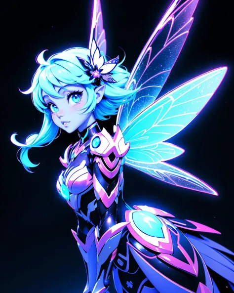 mecha fairy,wearing shiny molten neon black armor, (fairy wings:1.2), cute, adorable, bright color, monochrome,cheerful, highly detailed,dark background,glow, chi, chistyle, style, <lora:chiistyle:0.5>,