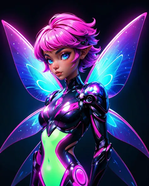 Futuristic alien, science fiction,in shiny molten neon black armor, (fairy wings:1.2), cute, adorable, bright color, cheerful, highly detailed,dark background,glow, chi, chistyle, style, <lora:chiistyle:0.5>,