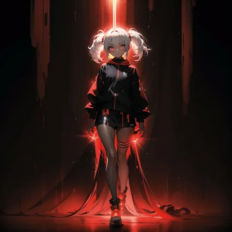 masterpiece, high quality, highres, absurdres, 1girl, sexy, twintails, white hair, red eyes, dark skin, jewelry, dark theme, ((glowing red)), glowing golden, shadows, glimmer, lights, details, background, chii, chistyle, style, closed mouth, full body, <lora:chiistyle:1>, <lora:GoodHands-vanilla:1.5>
