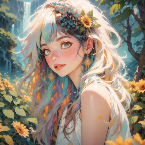 masterpiece, high quality, highres, absurdres, 1 girl, white hair, violett eyes, shiort hair, hair hair ornament, glimmer, glitter, small breasts, white dress, sunfield, sunflower field, smiling, happy, blush, sitting, glowing, glow, ((half body), chistyle, style, chi, detailchi, rolling eyes, half body, jewelry, sepia, art, abstrakt art, mosaic, <lora:GoodHands-beta2 (1):1.5>, <lora:chiistyle:0.4>, <lora:asb-CH2:1>, <lora:Dreamwave v2.5_8200:1>, <lora:80'sFusion:0.5>