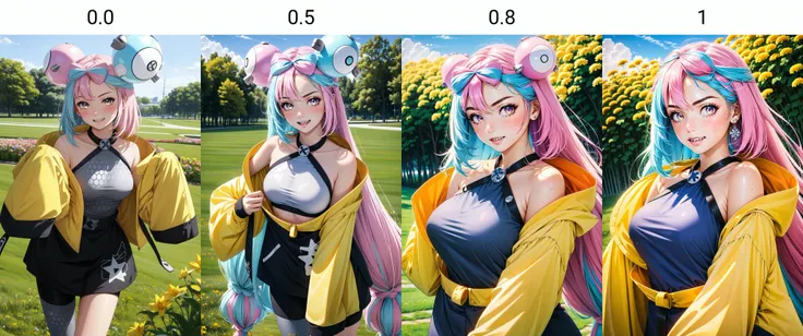 (masterpiece, best quality),  intricate details,
1girl,   <lora:iono-10:0.8>  iono, long hair, bow-shaped hair, pink hair, sharp teeth, low-tied long hair, ,  iono, long hair, hair ornament, character hair ornament, bow-shaped hair, pink hair, jacket, yellow jacket, sleeves past wrists, sleeves past fingers, sharp teeth, oversized clothes, x, very long sleeves, single leg pantyhose, shirt, low-tied long hair, sleeveless shirt
sweating, boob sweat, outdoors, grass, flowers,
<lora:chistylev2:0.0> chistyle