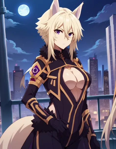 score_9, score_8_up, score_7_up, source_anime,
shadowzeta, <lora:shadow-zeta-ponyxl-lora-nochekaiser:1>,
zeta, animal ears, purple eyes, blonde hair,
gloves, cleavage, tail, black gloves, clothing cutout, cleavage cutout,
outdoors, cityscape, night, moon,
looking at viewer, cowboy shot, dutch angle,