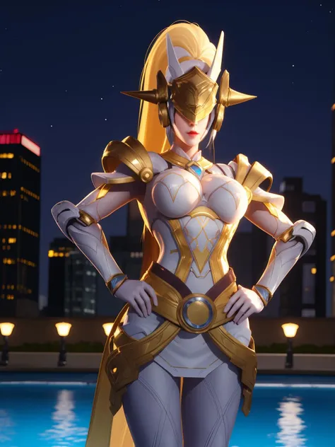 WZRYnvwaYP,1girl,solo,armor,ponytail,breastplate,helmet,long hair,breasts,shoulder armor,blonde hair,lips,belt,<lora:WZRYnvwaYP:0.75>,cityscape,night,mature female,pool,covered eyes, hand on hip, gloves,