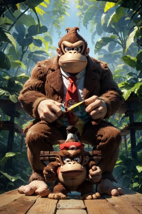 solo, jungle, bananas, tree house, vine, trees. <lora:add_detail:0.7>, <lora:dkong-09:0.6>, dkong, red necktie, gorilla, furry, no humans, brown fur, donkey kong