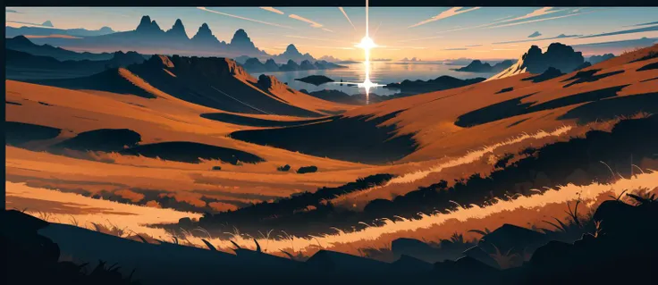 (vector-art:1.2) minimalism aesthetic landscape mountainous-horizon scenery Light-Brown-theme no-humans detailed detailed-background specular-lighting