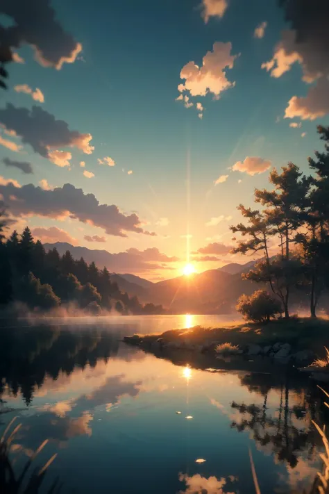 golden-hour soft-lighting cinematic-lighting (no-humans:1.5) warm-tones sun-flare soft-shadows vibrant-colors painterly-effect dreamy-atmosphere BREAK scenic-lake distant-mountains willow-tree calm-water reflection sunlit-clouds peaceful-ambiance idyllic-sunset ultra-detailed official-art unity-8k-wallpaper zentangle mandala