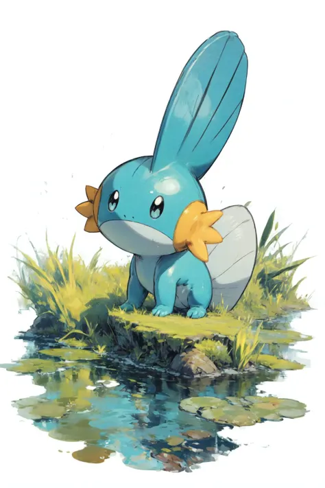 solo, full body, no humans, <lora:Mudkip_Pokemon:0.8> Mudkip_Pokemon, swamp, <lora:add_detail:0.7>,  <lora:tachi-e:1>, white background,