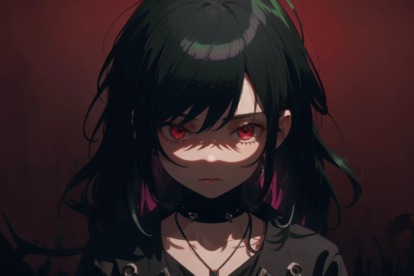 best quality, masterpiece, highres, solo, 1girl, ite, standing, arms at sides, long hair, portrait, shade, iridescent hair, necklace, simple background, detailed, Dark Red theme, chromatic aberration, Greenpunk