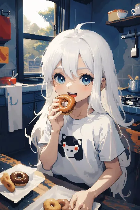 (pixel-art:1.2), 1girl, white hair, ahoge, absurldy long hair, blue eyes, solo, flat chest, happy, (pale skin:0.7), eating donut, white tshirt, oversised tshirt, open mouth, indoors, table, kitchen