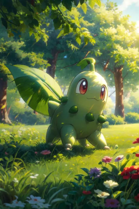 solo, <lora:Chikorita_Pokemon:0.7>, Chikorita_Pokemon, pokemon_\(creature\), no_humans, outdoors, grass, trees, <lora:add_detail:0.7>, dynamic pose,