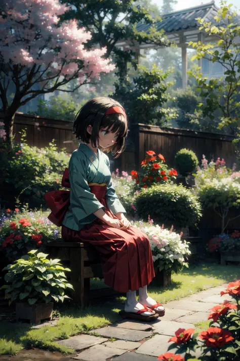 1girl, solo, seated, holding a pokeball, <lora:Erika_Pokemon_Anime_Dim32:0.5>, Erika_Pokemon, green eyes, short black hair, kimono, red hakama, red hairband, flowers, garden, detailed background, <lora:add_detail:0.7>