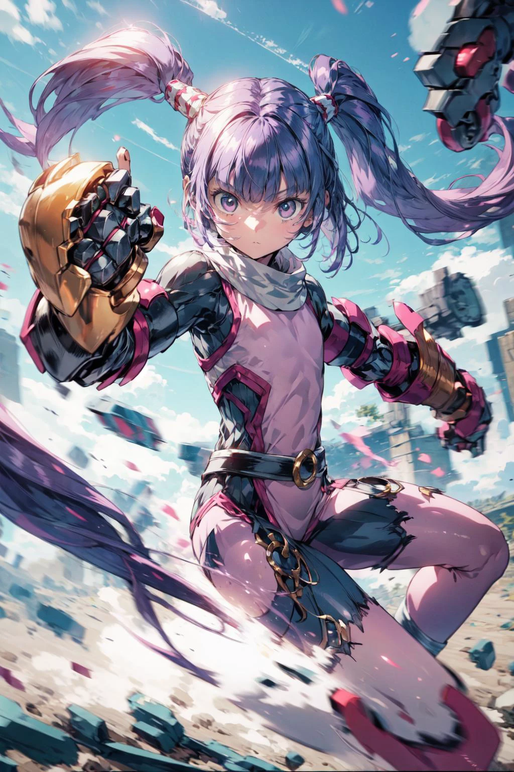1girl, girl, solo, <lora:Sophie_TalesOf:0.9>, Sophie_TalesOf, purple hair, long twintails, flat chest, pink bodysuit, outdoors, medieval, dynamic pose, fighting stance, <lora:add_detail:0.7>, <lora:mecha_gauntlets_v11:0.4>, oversized mechanical gauntlets,