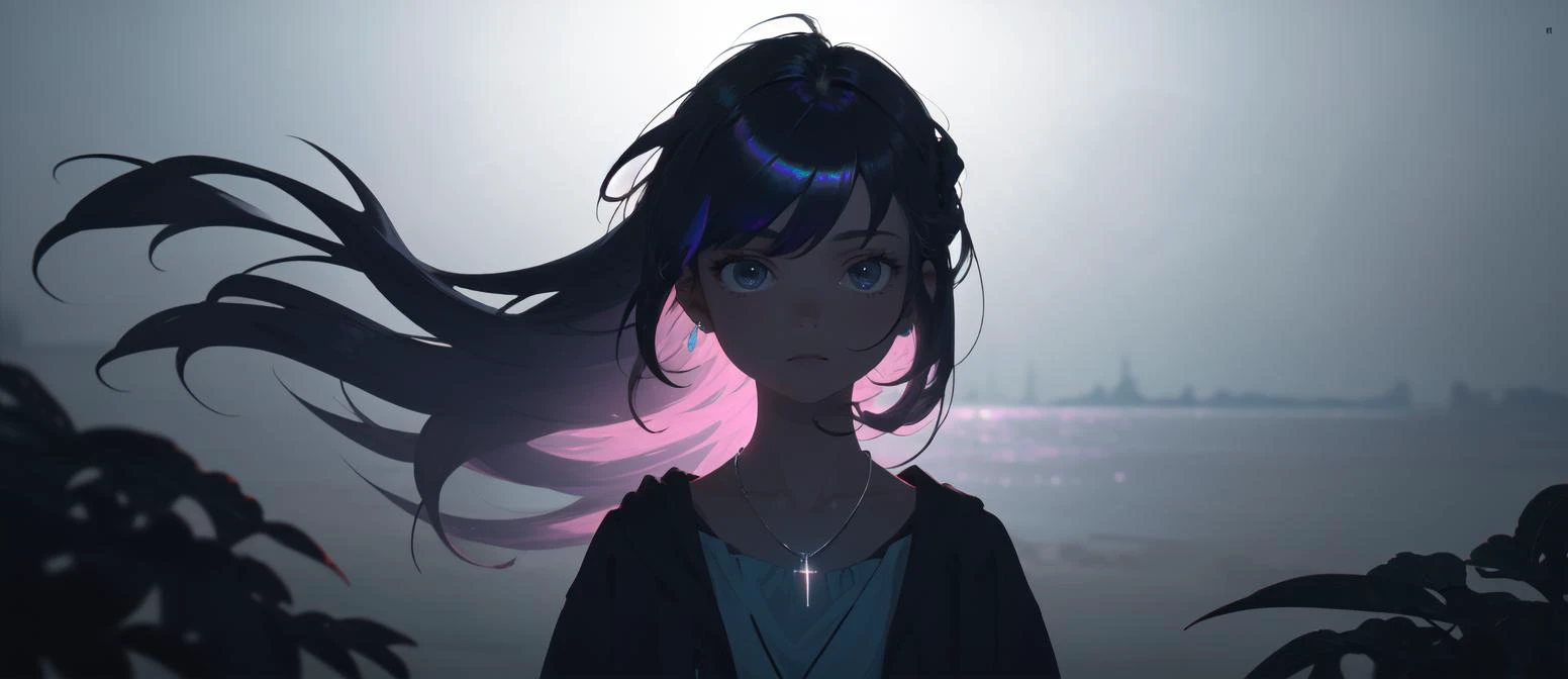 best quality, masterpiece, highres, solo, 1girl, ite, standing, arms at sides, long hair, portrait, shade, iridescent hair, necklace, simple background, detailed, Light Blue theme, ektachrome, Tech Noir