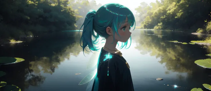 best quality, masterpiece, highres, solo, 1girl, petite, standing, arms at sides, long hair, portrait, shade, iridescent hair, necklace, simple background, detailed, Aqua Blue theme, reflected light, Fairy Kei