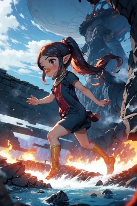 1girl,  girl, solo, <lora:medli_v1:0.7> medli, black dress, beak, ponytail, flat chest, dynamic pose, volcanic island, smoke, geyser, rocks, lava, <lora:add_detail:0.7>,