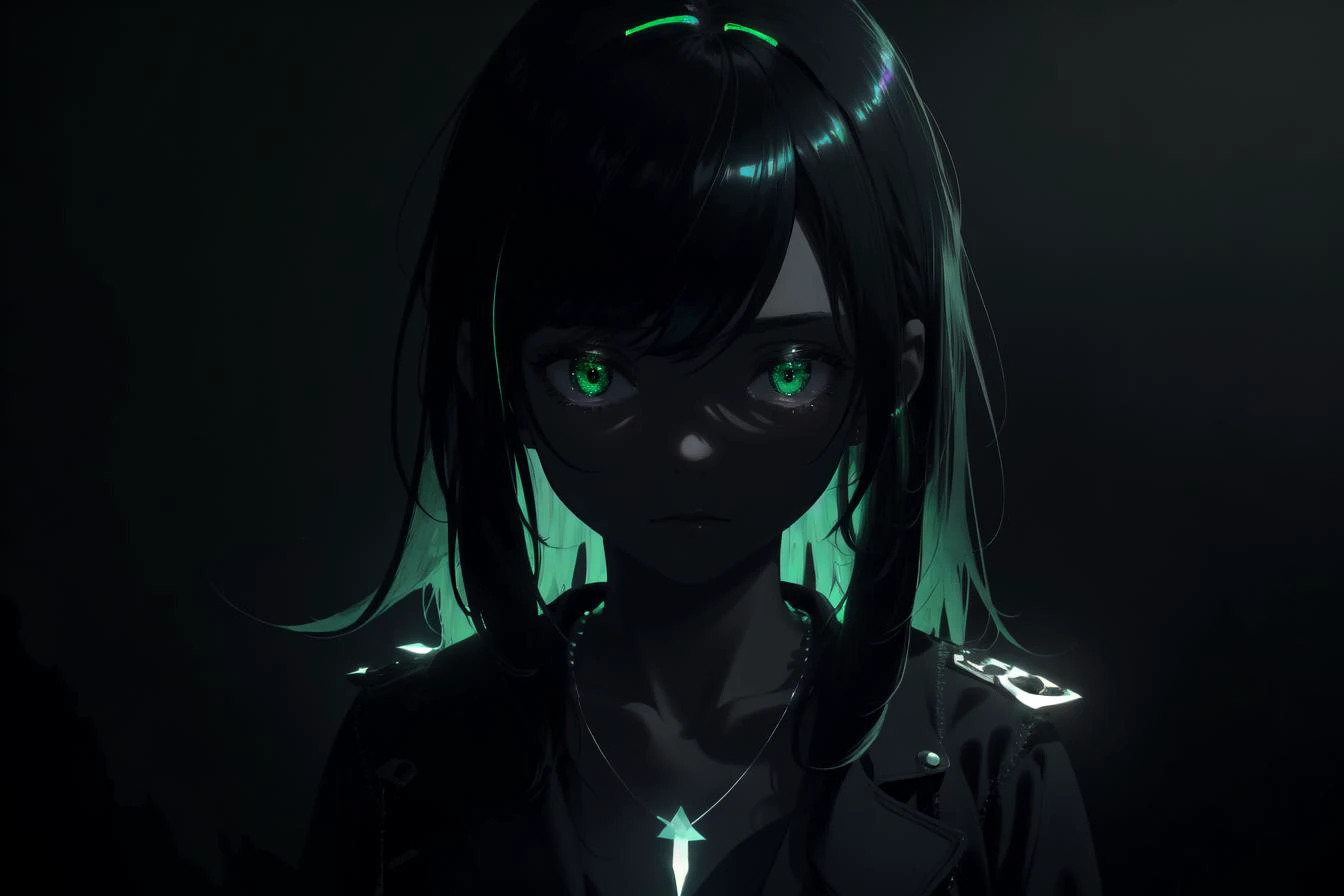 best quality, masterpiece, highres, solo, 1girl, petite, standing, arms at sides, long hair, portrait, shade, iridescent hair, necklace, simple background, detailed, Dark Green theme, luminescence, Tech Noir