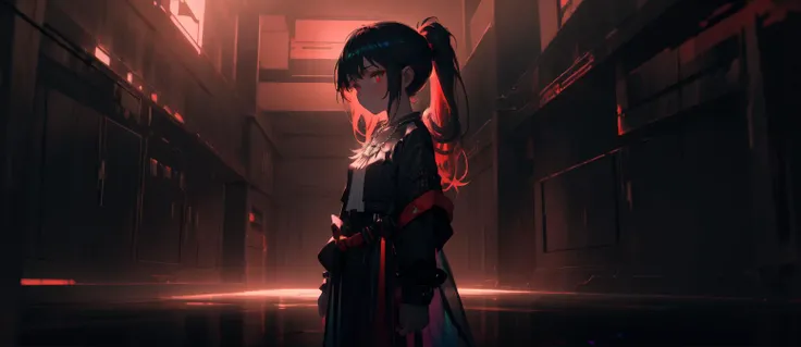 best-quality masterpiece highres solo 1girl petite standing arms-at-sides long-hair portrait shade iridescent-hair necklace detailed detailed-background detailed Red-theme cinematic-lighting Tech-Noir