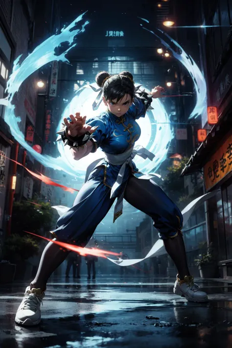 1girl, solo, full body, <lora:Chun li:0.3>, chun-li, dynamic posture, spike bracelet, black transparent pantyhose, fighting stance, chinese street, <lora:add_detail:0.7>,