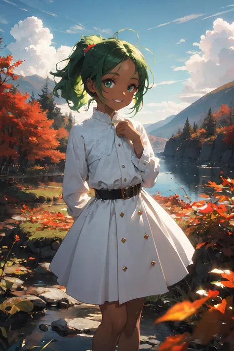 masterpiece, 1girl, solo, green hair, short hair, short ponytail, (forehead:1.1), messy hair, dark skin, green eyes, small breasts, grinning smile, happy, white dress with waist belt, white long sleeve, (hands behind back:1.2), looking at viewer, BREAK nature, outdoors, mountains, ashen wood forest, blue sky, clouds, fall season, BREAK tyndal effect, bokeh
