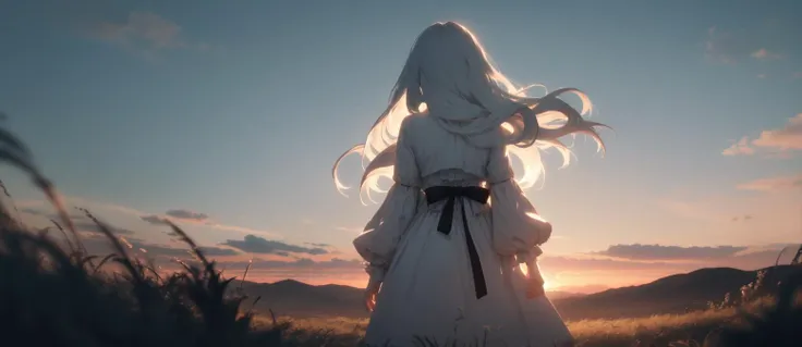 masterpiece best-quality hires 1girl solo standing white-hair long-hair white-dress jewelry facing-away-from-viewer arms-at-sides BREAK depth-of-field film-overlay film-grain from-behind in-country-side scenery landscape dynamic-sky