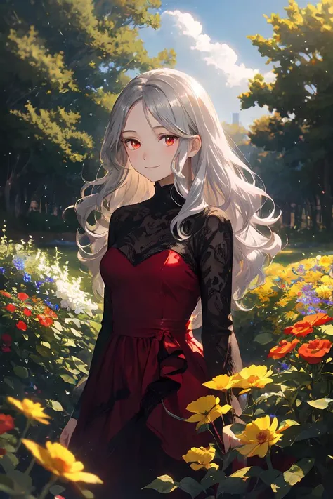 1girl, solo, smile, silver hair, (forehead:1.1), wavy hair, red eyes, long hair, medium breasts, red dress, outdoors, nature, tree, flower, bush, cloud, adult, mature, bokeh, tyndal effect, (half-closed eyes:0.8), red and yellow flowers