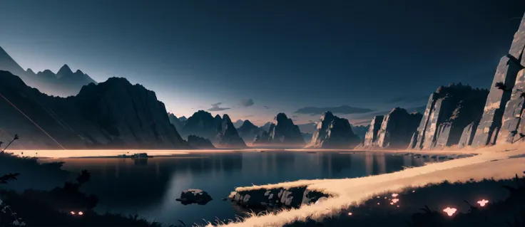 (vector-art:1.2) minimalism aesthetic landscape mountainous-horizon scenery Light-Black-theme no-humans detailed detailed-background bloom