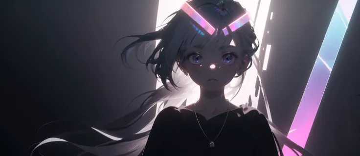 best quality, masterpiece, highres, solo, 1girl, petite, standing, arms at sides, long hair, portrait, shade, iridescent hair, necklace, simple background, detailed, Silver theme, glowing, Vaporwave