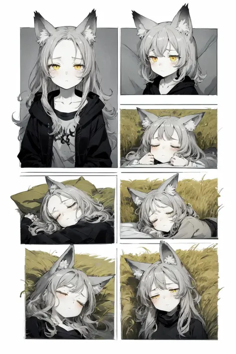 anime-girl-with-fox-ears-and-yellow-eyes-at-a-Savanna-grassland Sleepy:-Half-closed-eyes a-yawn and-a-relaxed-expression._ forehead pale-hair kawaii-style (Pewter-gray-theme)