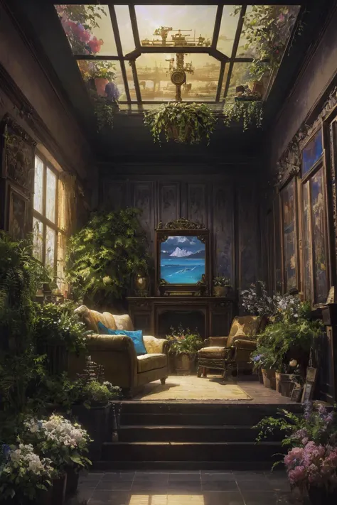 (masterpiece:1.1) (highest-quality:1.1) ( HDR :1.3) Architectural-Digest-photo-of-a-maximalist-blue-(vaporwave/steampunk/solarpunk)-living-room-with-lots-of-flowers-and-plants golden-light hyperrealistic-surrealism award-winning-masterpiece-with-incredible-details epic-stunning (public-aesthetic)