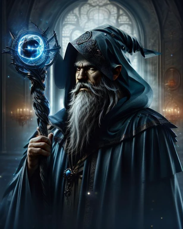1 male, evil wizard, long white beard. Long white hair, evil eyes, dark fantasy, mythology, science-fiction, orbstaff, <lora:more_details:0.8>, Masterpiece realistic, best high quality, perfect details, intricate details, nice lighting, detailed background,<lora:1.5_Weapon_Orbstaff_-_By_HailoKnight:1.0>