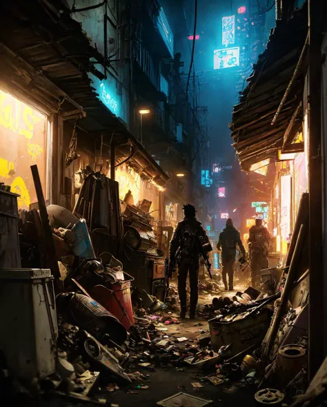 (anime art of scenery, cyberpunk slums, neon lights, garbage, (masterpiece:1.2), best quality, art, masterpiece, Clutter-Mechanical:0.5, Masterpiece realistic, best high quality, perfect details, intricate details, nice lighting, detailed background,), masterpiece, 4k, best quality, anime art