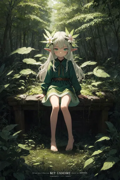 (masterpiece best-quality illustration official-art:1.05) (tachi-e:1.12) full-body sitting looking-at-viewer solo 1girl elf-girl long-hair green-hair [green|blue]-eyes dress white-hair-flower hair-ornament (8) (chiind leaf tree forest