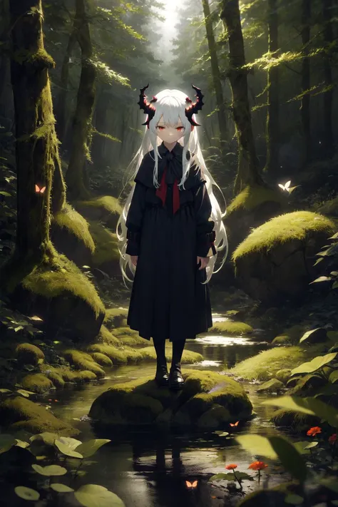 field 1girl standing full-body white-hair long-hair red-eyes very-long-hair horns forest rocks solo solo-focus night butterflies flowers leaves highly-detailed detailed-background