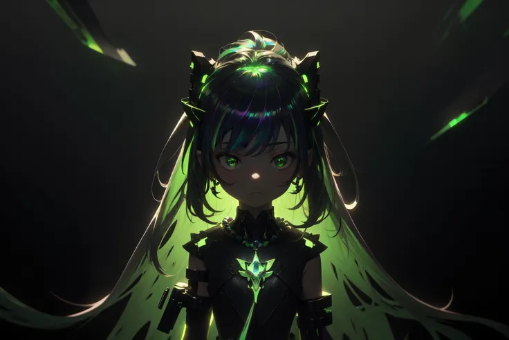 best-quality masterpiece highres solo 1girl petite standing arms-at-sides long-hair portrait shade iridescent-hair necklace simple-background detailed Green-theme glowing Adventurecore