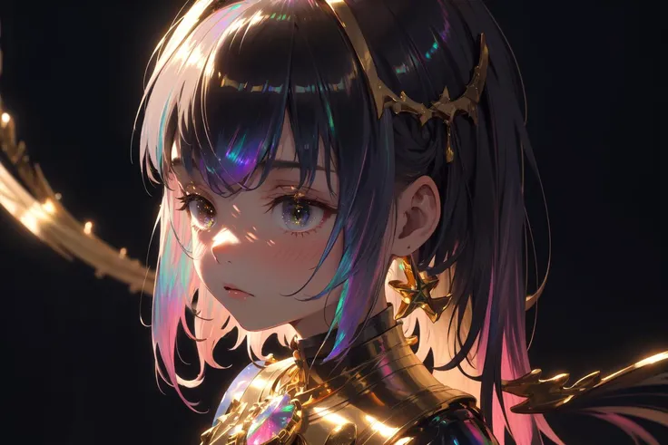 best-quality masterpiece highres solo 1girl petite standing arms-at-sides long-hair portrait shade iridescent-hair necklace simple-background detailed Gold-theme iridescent Mizuiro