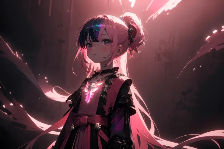 best-quality masterpiece highres solo 1girl petite standing arms-at-sides long-hair portrait shade iridescent-hair necklace simple-background detailed Pink-theme diffused-lighting Piratecore