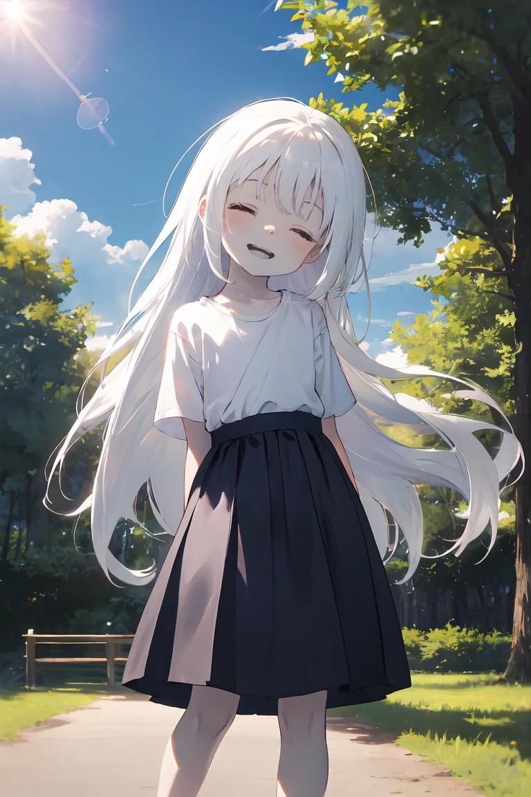 masterpiece, best quality, highres, 1girl, white hair, ahoge, absurdly long hair, closed eyes, solo, flat chest, (happy:1.2), (pale skin:0.9), arms behind back, oversized white t-shirt, outside, park, clouds, sunny, blue sky, trees, bokeh, lens flare, blue short skirt, head tilt, looking at viewer, teeth