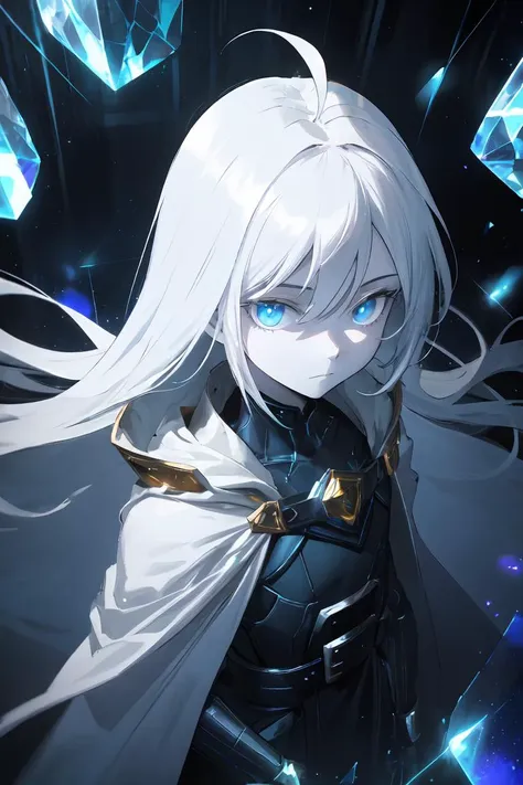 masterpiece, best quality, highres, 1girl, solo, android, (ahoge:1.1), white hair, absurdly long hair, blue eyes, looking at viewer, (pale skin:0.7), flat chest, upper body, blue metal, white outline, (cyberspace:1.2), detailed light, phantasmal, glow, expressionless, half-closed eyes, (white cloak:1.1), buckle, gorget, blue theme, dark, eerie, blue magic, blue crystals, shatter, from above