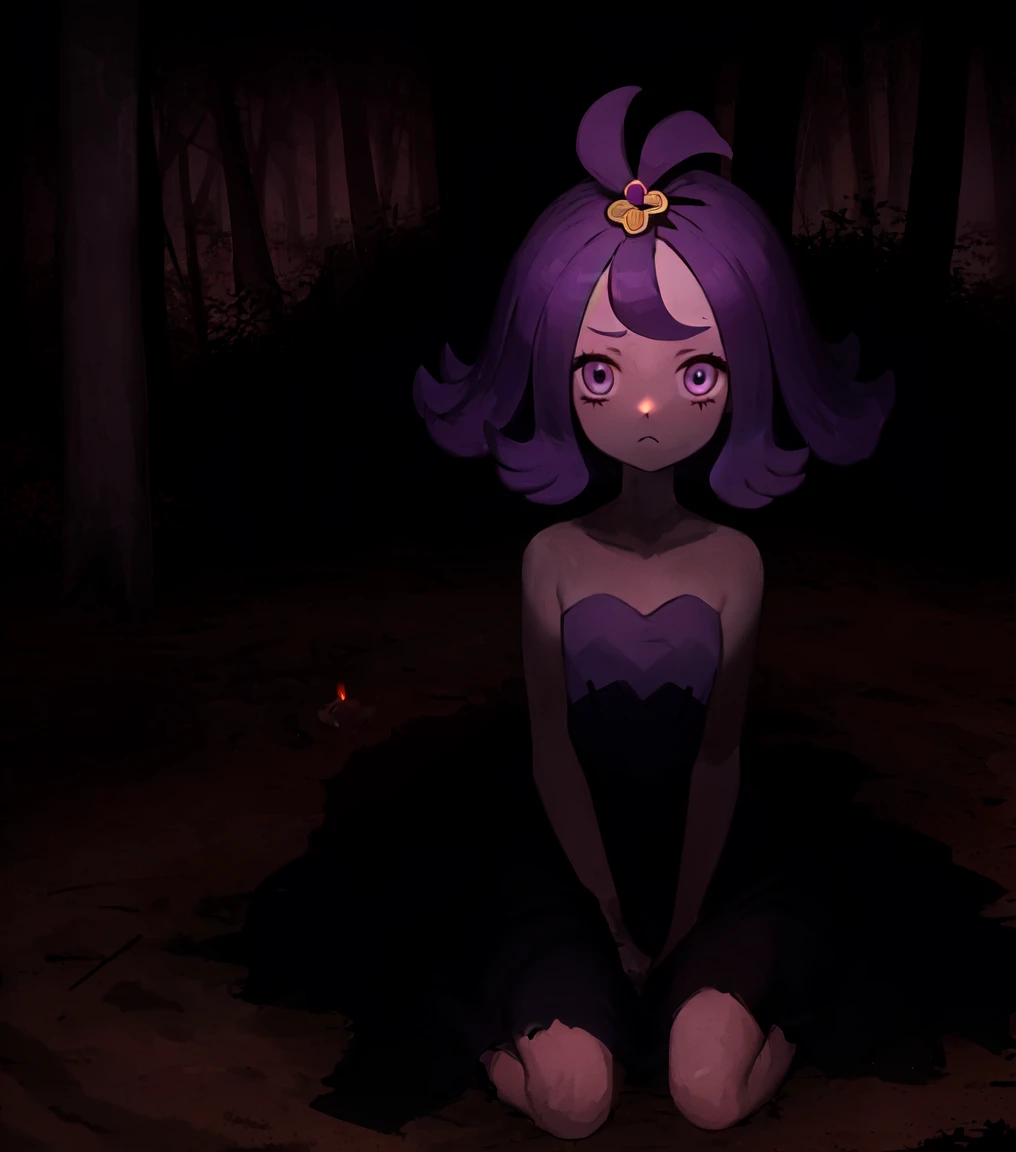 1girl, solo, acerola, purple hair, purple eyes, jitome, black dress, wariza, looking at viewer, :\<, dark, outdoors, forest, candlelight <lora:Acerola:1> <lora:dark:0.6>