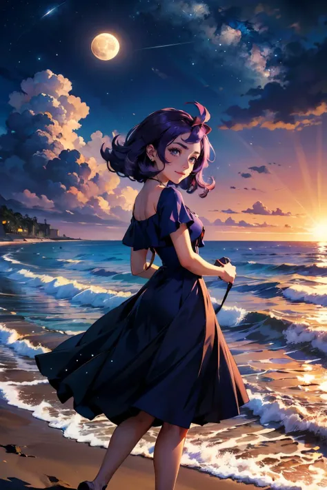 acerola, purple hair, purple dress, sandals, looking at viewer, serious, smirk, walking, outside, beach, ocean, night time, moon, cloud, high quality, masterpiece, <lora:Acerola:.8>