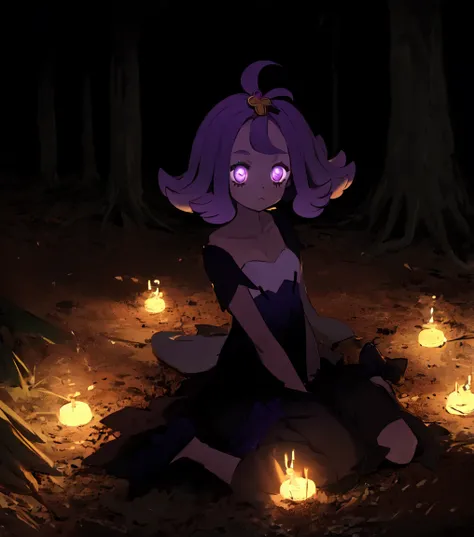 1girl, solo, acerola, purple hair, purple eyes, jitome, black dress, wariza, looking at viewer, :\<, dark, outdoors, forest, candlelight <lora:Acerola:1> <lora:dark:0.6>