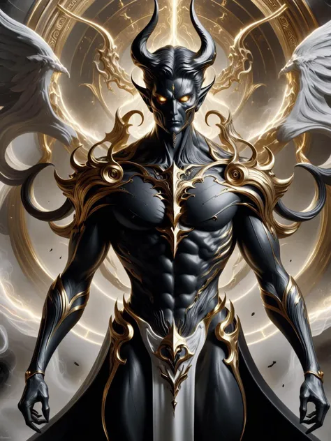 Biogenetic Lucifer in white and gold, trending on artstation, sharp focus, studio photo, intricate details, highly detailed, by greg rutkowski <lora:Abyssal_Tech_XL:1> abyssaltech , dissolving, abyss <lora:Ebony__Gold:1> ebonygold