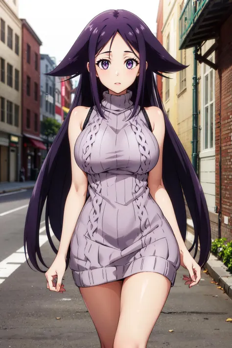 masterpiece, best quality, highres, 1girl, solo, long hair, (hair flaps:1.1), purple hair, purple eyes, large breasts, <lora:oharu_v1:0.6>, street, outdoors, sweater dress, virgin killer sweater, sleeveless, cowboy shot