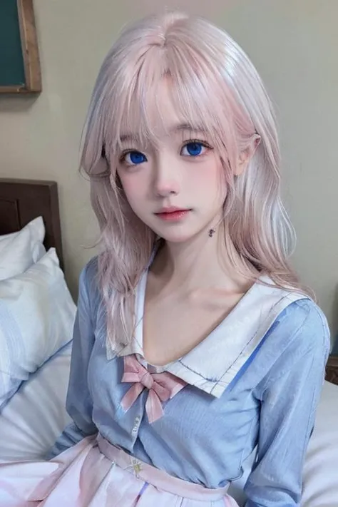 (masterpiece), (high quality), (8k resolution), (RAW photo), (best quality), (masterpiece:1.5), (realistic:1.5), ((photo realistic)), vibrant details, hyper realistic,1girl, (cute:1.2), beautiful, high-quality and detailed face, perfect face, (white hair And light pink hair:1.4), rosy cheeks, detailed eyes, (blue eyes),colorful eyes,(watery eyes),nsfw, nude, slender body, looking at viewer, closed mouth, real human skin, shiny skin, mid breasts, ((school uniform)), sitting, bed, <lora:cuteKoreanGirlLora_cuteKoreanGirlLora:0.3> <lora:chineseGirl_v10:0.5> <lora:lorav2-000008:0.7>